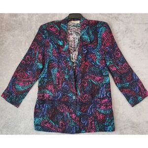 Fundamental Things Jacket Womens Size 12 Petite Black Neon Paisley Blazer USA